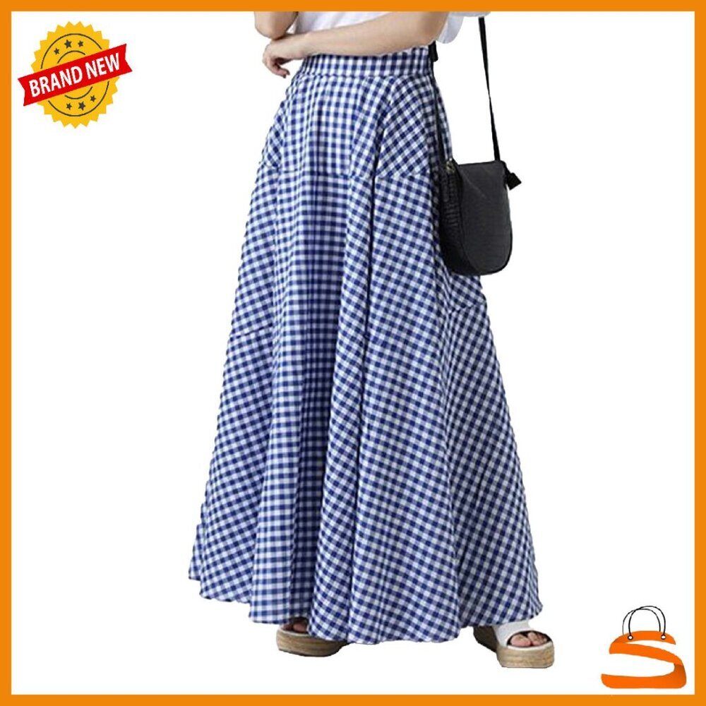 Women's Retro Plaid Maxi Skirt A-Line Pleated Flared Elastic High Waisted